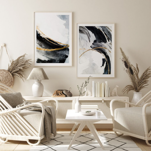 Set of 2 contemporary brushstrokes black white golden abstract painting